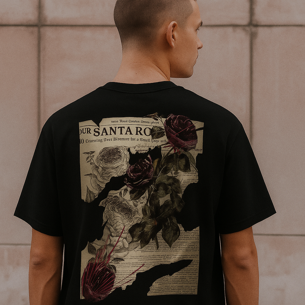 Oversized Black Tee – 'Letter Bloom' Vintage Floral Design