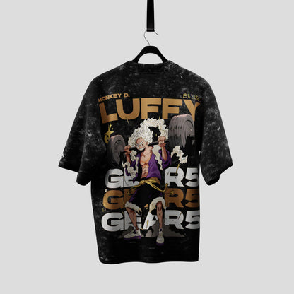 Gym Rat Luffy Acid Wash Oversized T-Shirt – 240 GSM Heavyweight Anime Streetwear